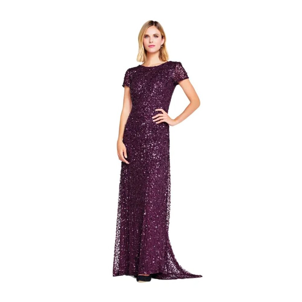 Sz 10 Adrianna Papell Scoop Back S/S Sequin Mesh Gown in Cabernet